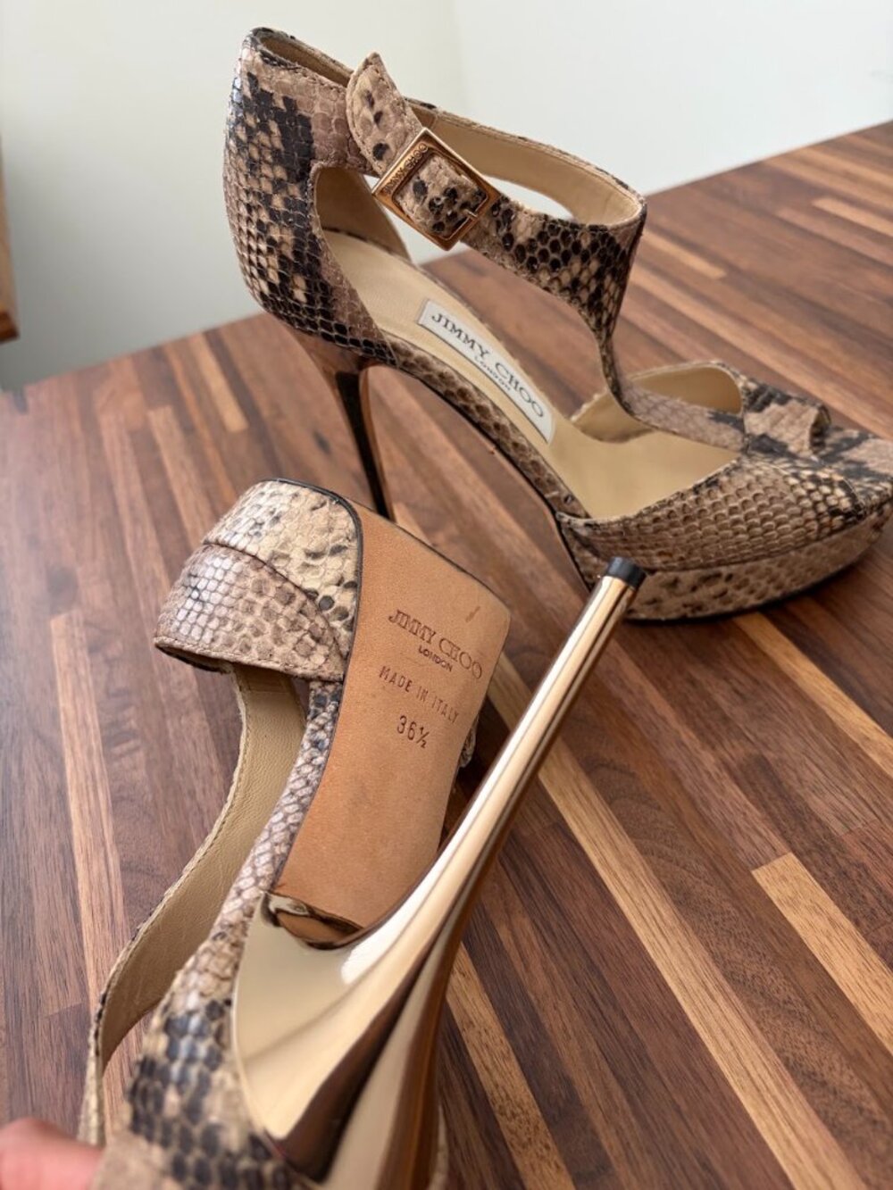 Jimmy Choo Tan & Brown Snakeskin T-Strap Platform Sandals- Size 36 1/2 - Picture 6 of 8